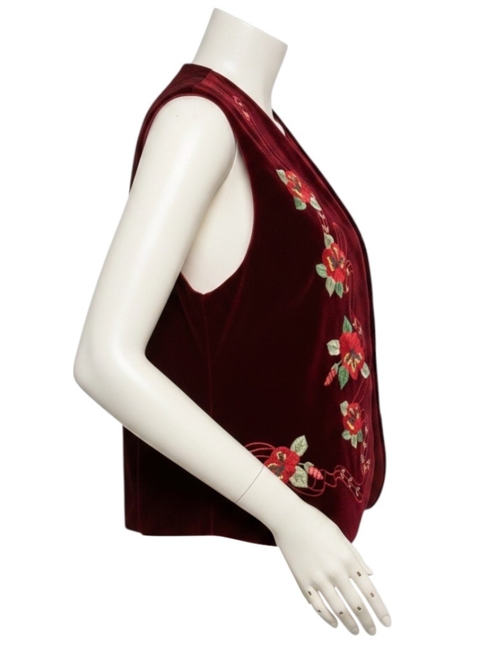 LORETTA CAPONI BORDEAUX HIBISCUS FLORAL EMBROIDERED CABANA LASTRA VELVET GILET V - Picture 2 of 6